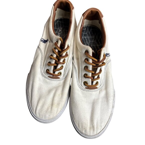 Polo Ralph Lauren Vaughn 9.5D Mens Casual Lace-Up Canvas Sneakers White & Tan Le - Picture 6 of 10